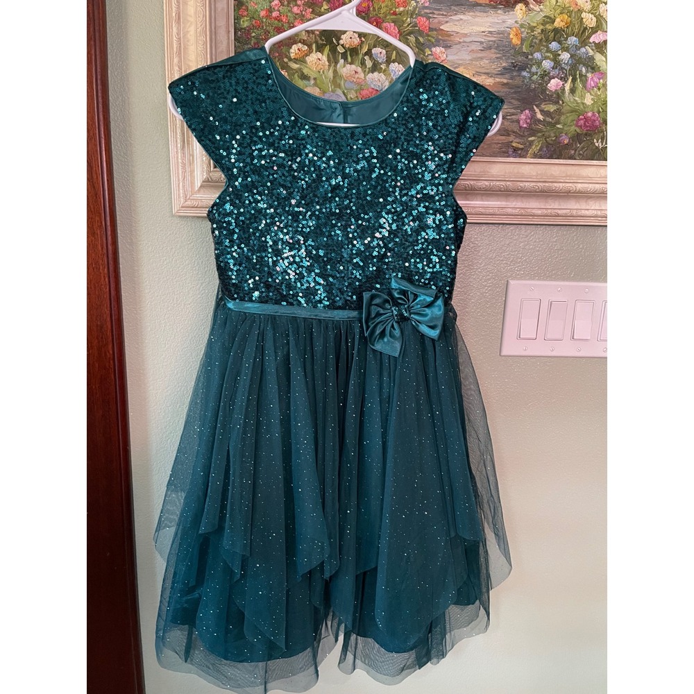 Jona Michelle Emerald Green Girl's Sequin Dress with Bow Glitter Tulle Size 10